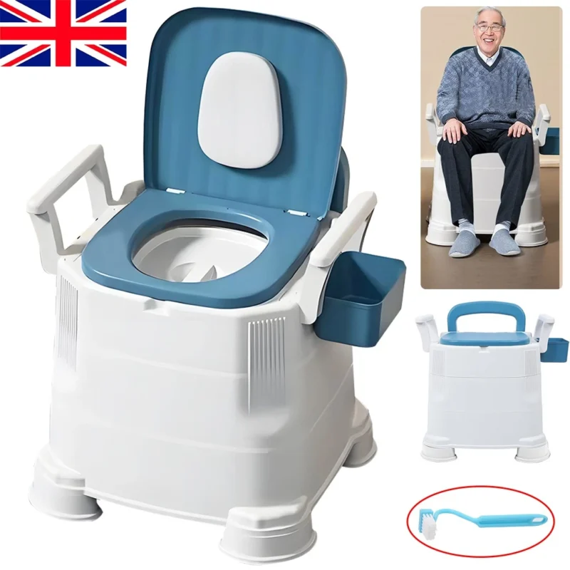 White and blue bedside commode with detachable armrests and a storage compartment.