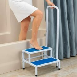 Double Step Stool with Handrail - Heavy Duty Non-Slip Bath Bedroom Safety Blue