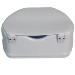 Raised toilet seat aid with a closed lid, white color.