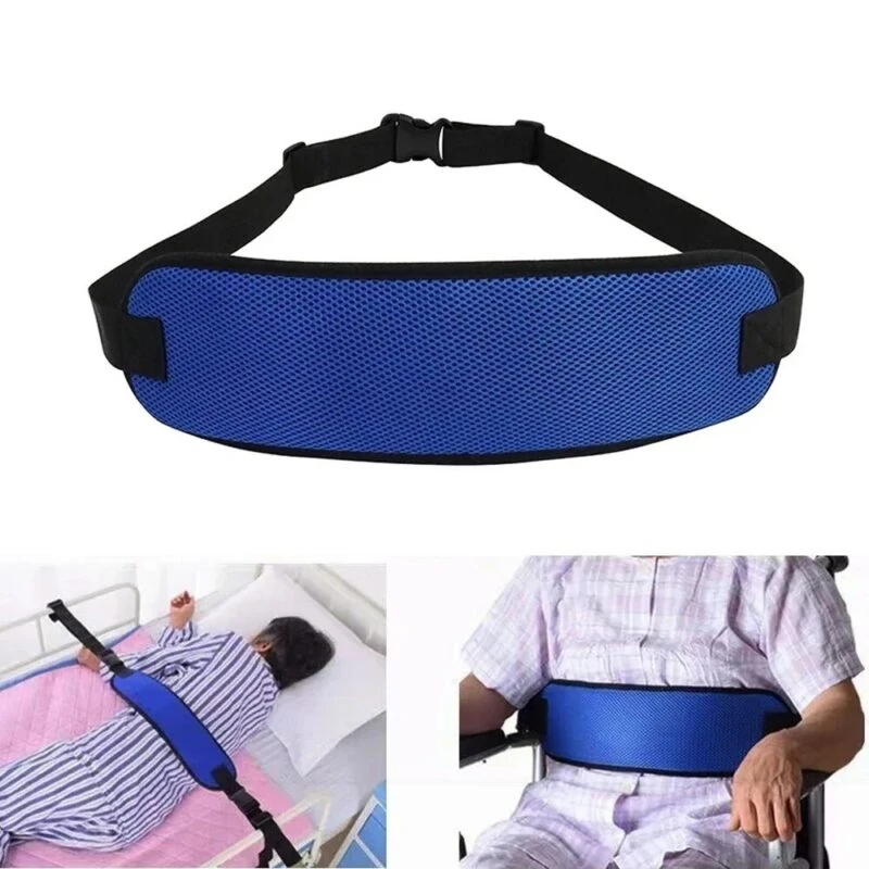 Adjustable safety harness for wheelchair use, shown in blue mesh material.