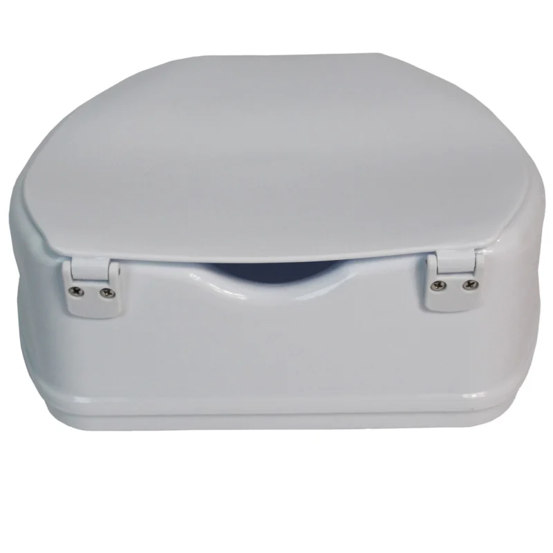 Raised toilet seat aid with a closed lid, white color.