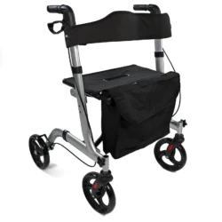 Foldable rollator walker with seat and storage bag.