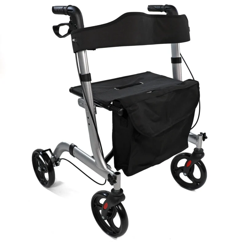 Foldable rollator walker with seat and storage bag.
