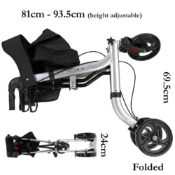 Folded rollator walker showing height and width measurements.