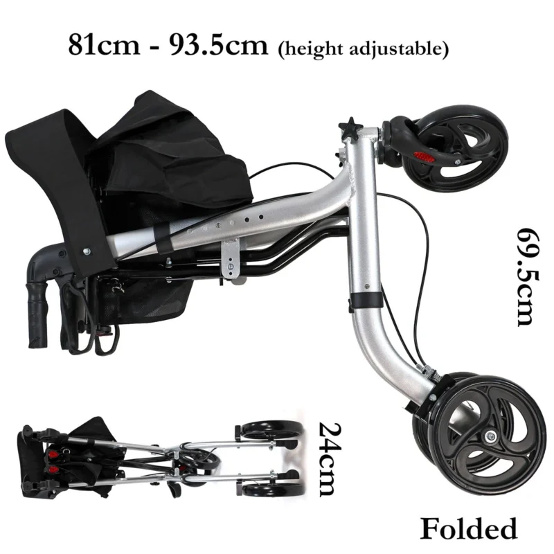 Folded rollator walker showing height and width measurements.