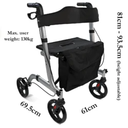 Lightweight foldable rollator walker with seat and storage bag.