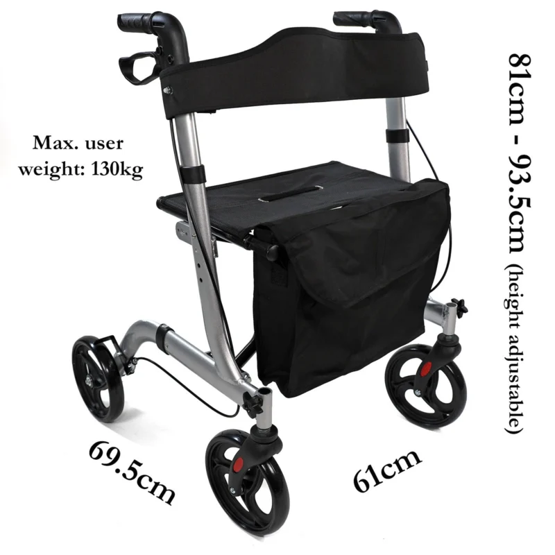 Lightweight foldable rollator walker with seat and storage bag.