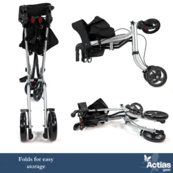 Folded lightweight rollator walker in three different positions.