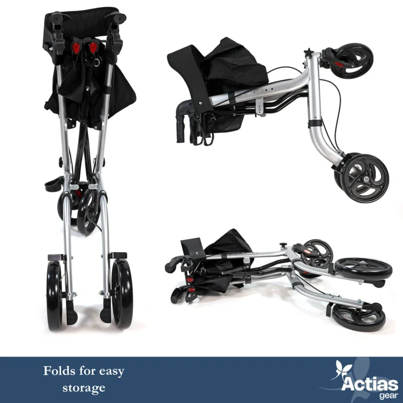 Folded lightweight rollator walker in three different positions.