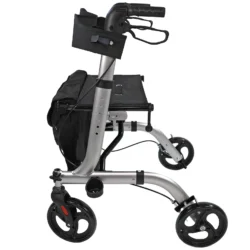 Side view of a lightweight foldable rollator with seat and storage bag.