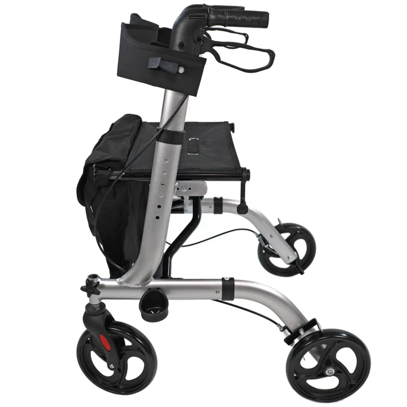 Side view of a lightweight foldable rollator with seat and storage bag.