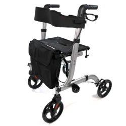 Silver rollator walker with seat and black storage bag.