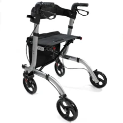 Silver rollator walker with seat and storage bag.