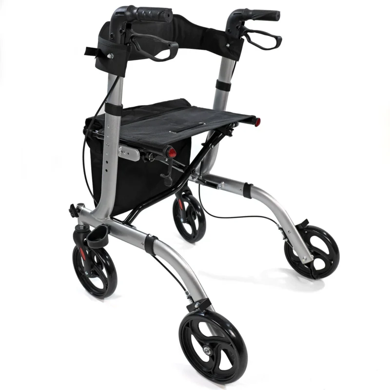 Silver rollator walker with seat and storage bag.