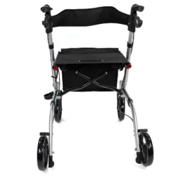 Front view of a lightweight foldable rollator walker with seat and bag.