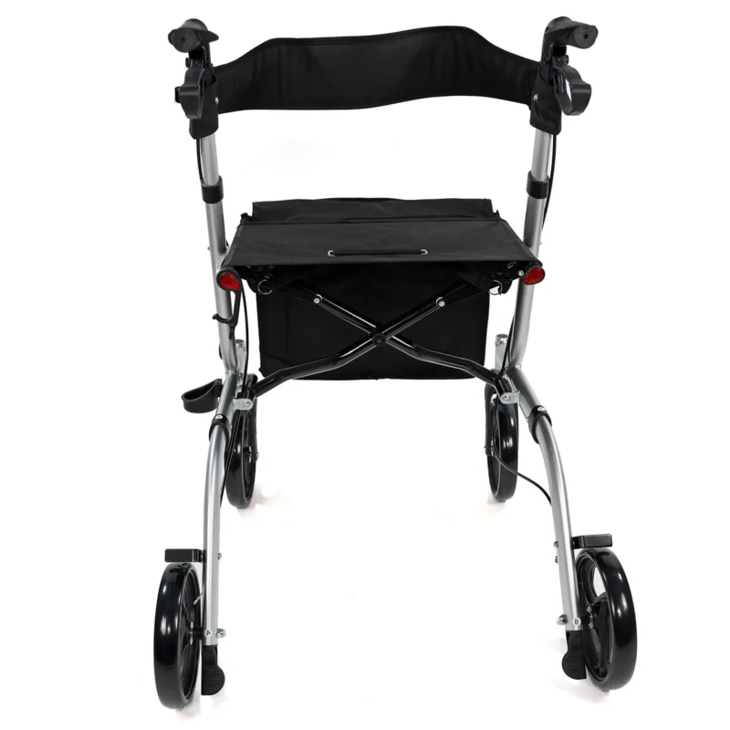 Front view of a lightweight foldable rollator walker with seat and bag.