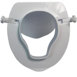 Top view of a raised toilet seat aid with lid and side clamps.