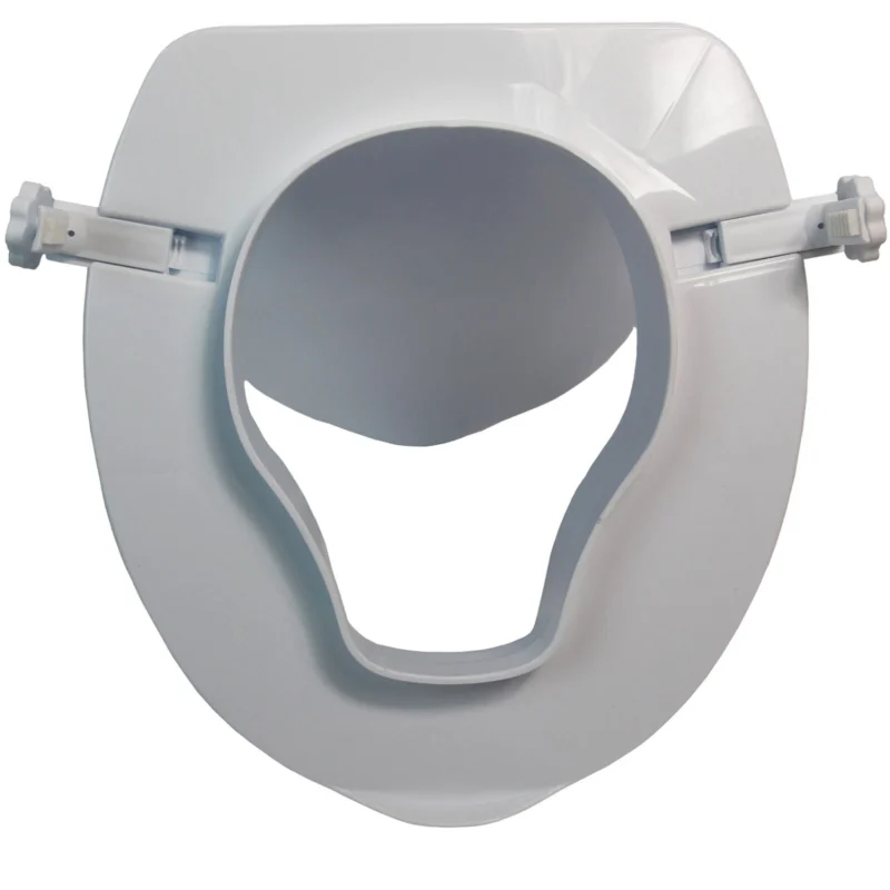 Top view of a raised toilet seat aid with lid and side clamps.