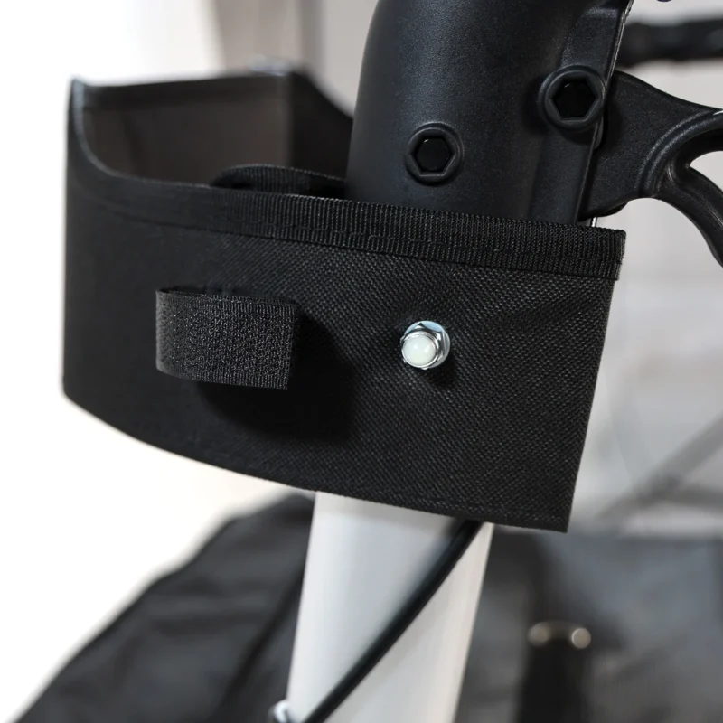 Close-up of a black fastening on a rollator frame.