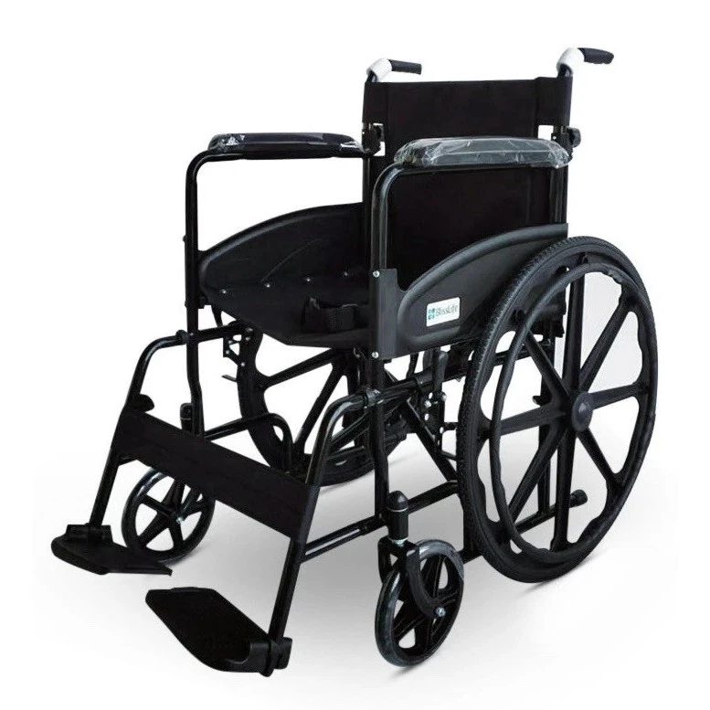 Black foldable wheelchair with large rear wheels and padded armrests.
