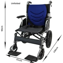 Aluminium wheelchair with blue backrest, unfolded, showing dimensions.
