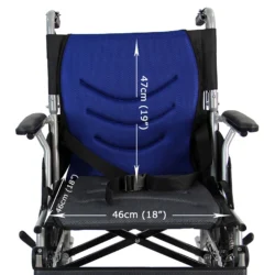 Front view of a blue and black wheelchair showing seat and backrest dimensions.