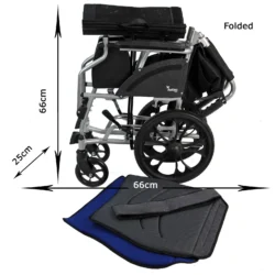 Folded aluminium wheelchair with cushion and dimensions.