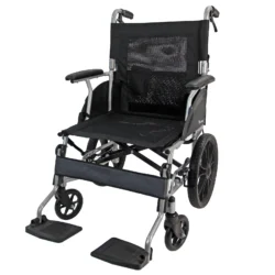 Lightweight aluminium wheelchair with cushioned seat and hand brakes.