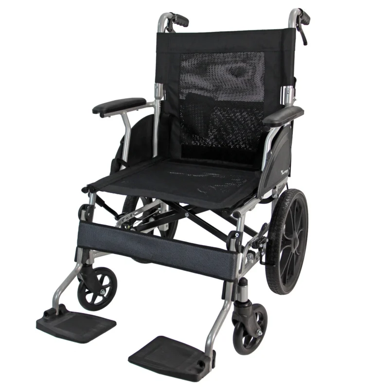 Lightweight aluminium wheelchair with cushioned seat and hand brakes.