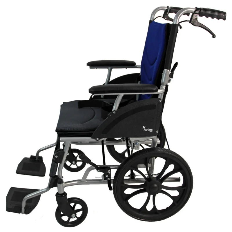 Side view of a lightweight aluminium wheelchair with hand brakes and cushioned seat.