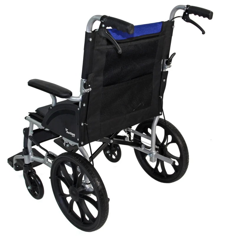 Back view of a lightweight aluminium wheelchair with hand brakes.