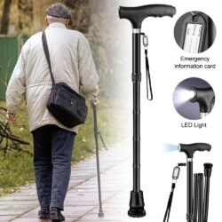 Walking Stick with LED Light, Ergonomic Handle, Rubber Base, and Adjustable Height