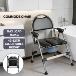 Height Adjustable Folding Commode Chair with Arms | Bedside Toilet Chair & Shower Seat | 150kg Capacity