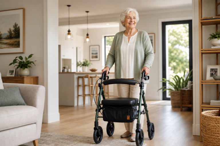 Elderly person using a rollator walker safely at home