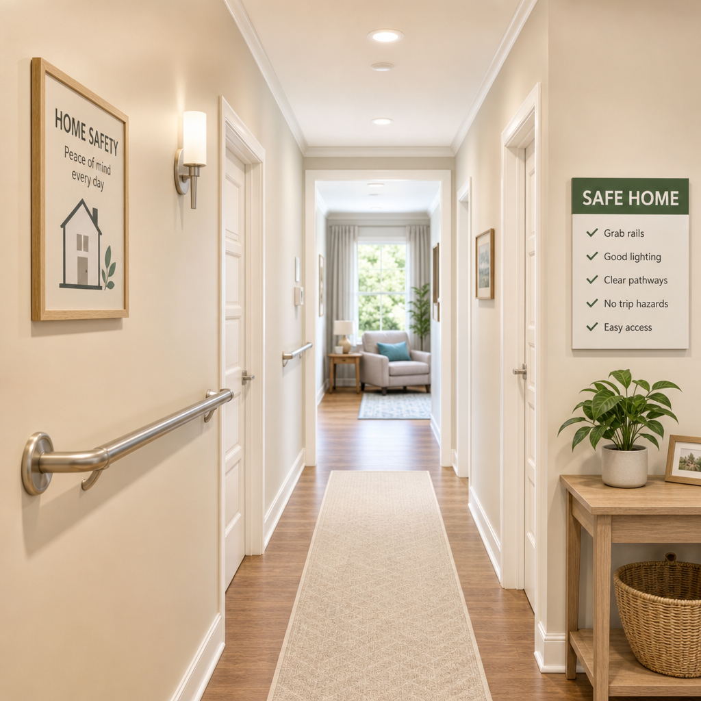 Safe home environment for elderly with grab rails and clear pathways