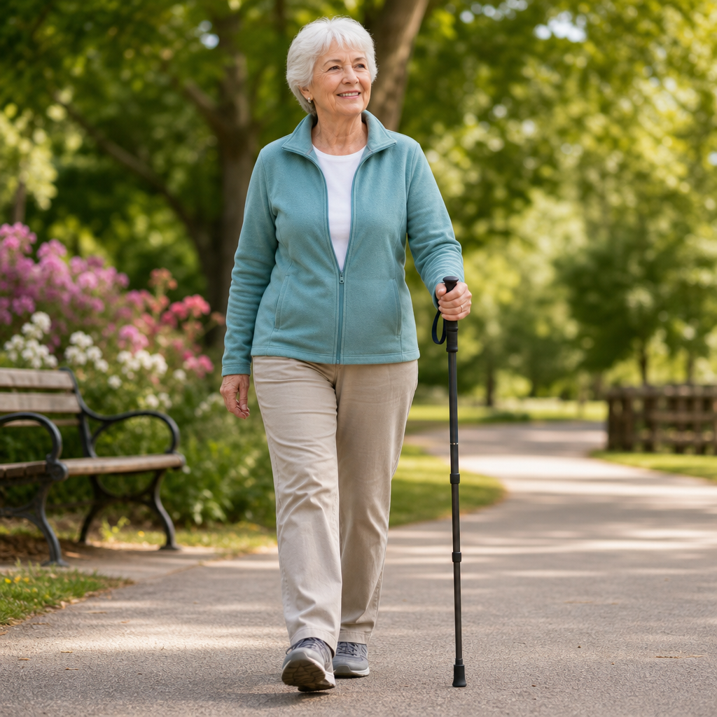 Senior walking confidently with walking stick in park
