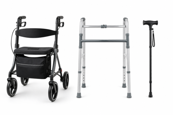Comparison of rollator, walking frame, and walking stick mobility aids