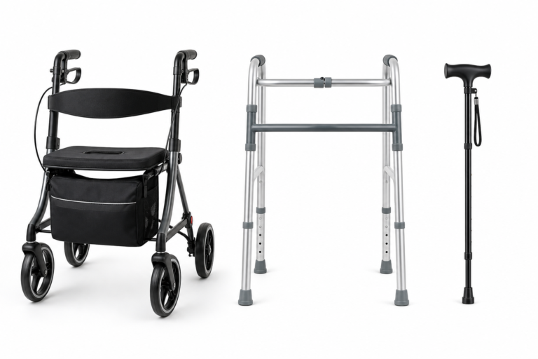Comparison of rollator, walking frame, and walking stick mobility aids