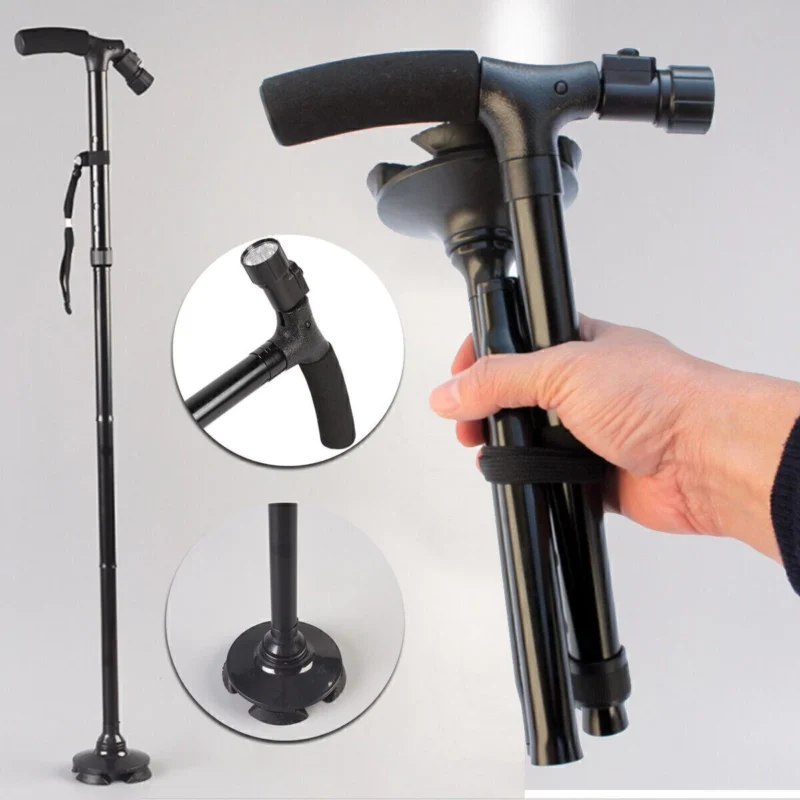 Folding walking stick with LED light and adjustable height.