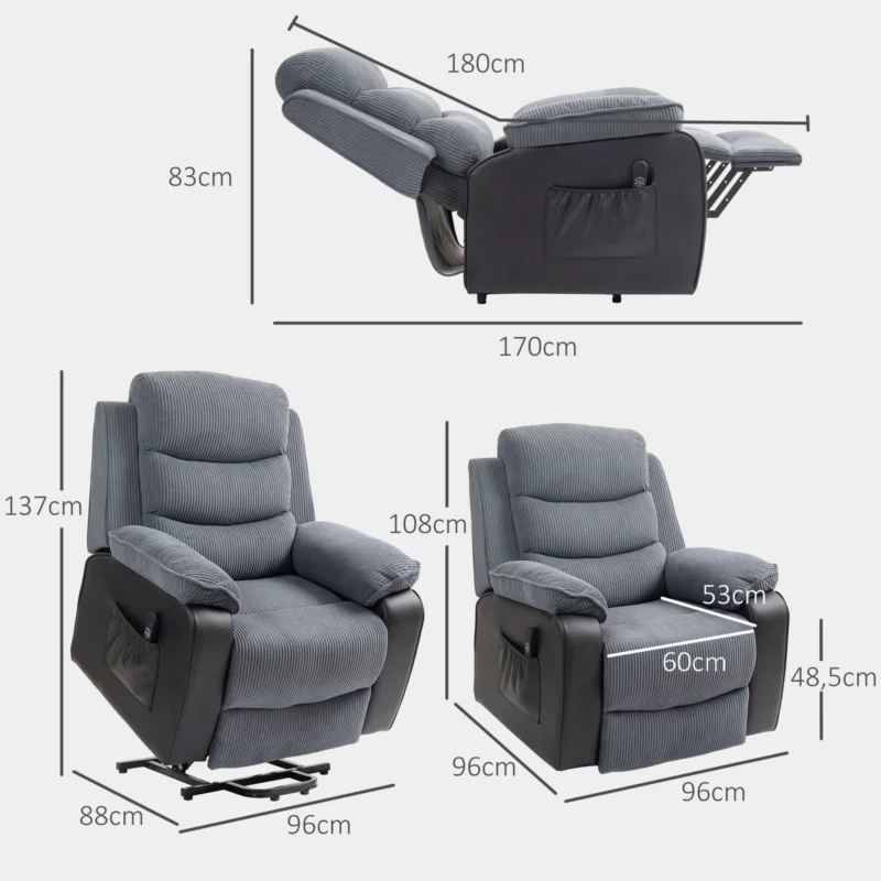 Power lift riser recliner chair with remote control in dark grey.
