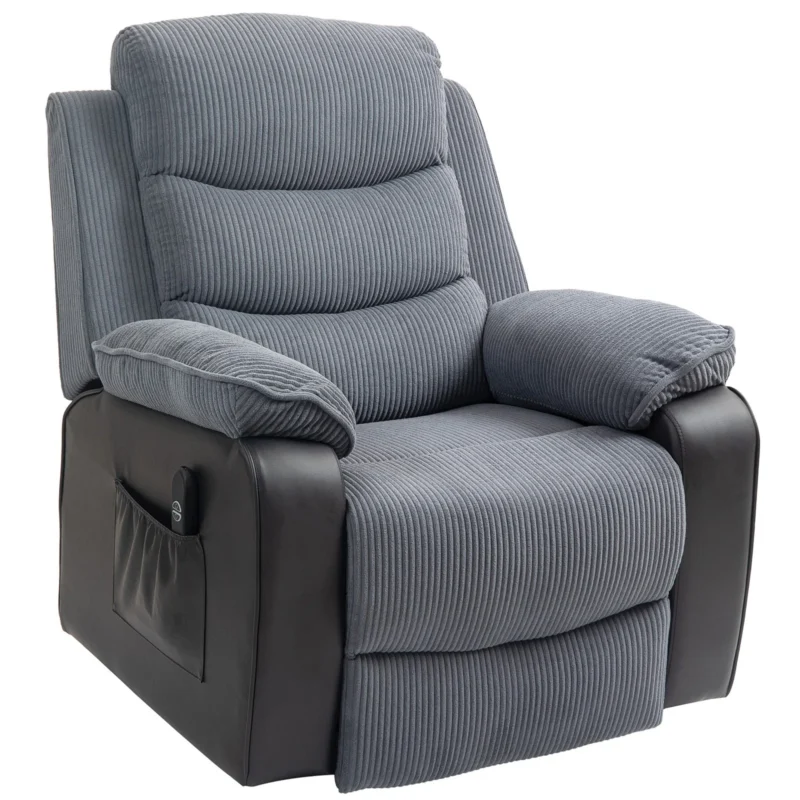 Dark grey power lift riser recliner chair with remote control.