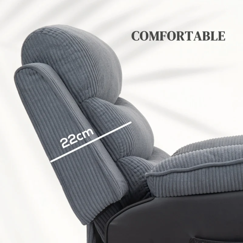 Side view of a dark grey power lift recliner chair with remote control.