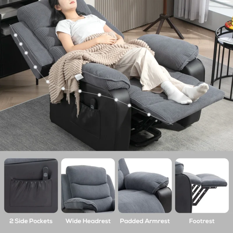 Recliner chair with remote control and a person relaxing on it.