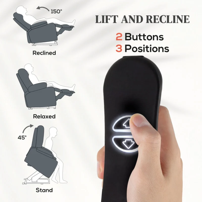 Remote control for power lift recliner chair with buttons for lift and recline.