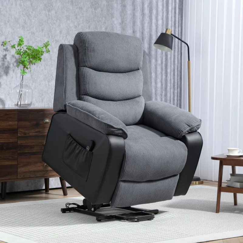 Dark grey power lift recliner chair with remote control.