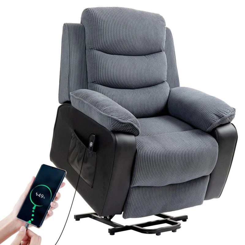 Dark grey power lift recliner chair with remote control