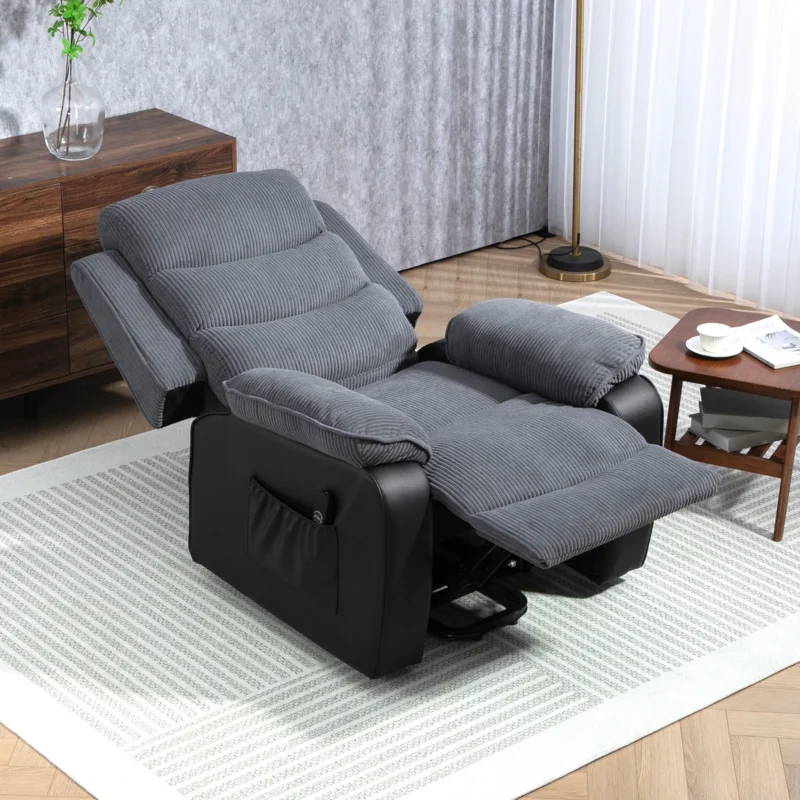 Power lift riser recliner chair in dark grey with remote control.