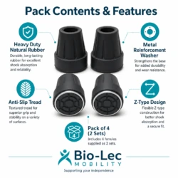 Product features infographic showing pack of 4 heavy duty natural rubber Z-Type ferrules with metal washer