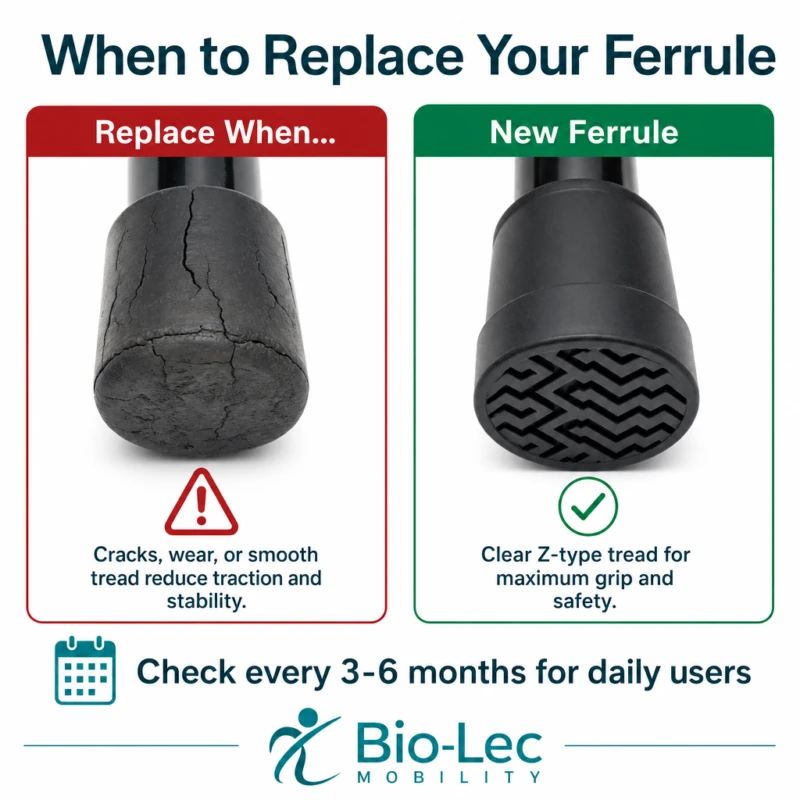 Comparison showing worn cracked ferrule vs new replacement ferrule – check every 3-6 months