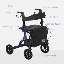 HOMCOM Purple Rollator Walker Backrest